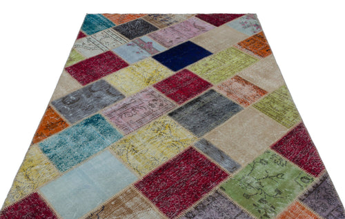 Iskece 21951 Beige Patchwork Wool Handmade Area Rug 5'3" x 7'7"