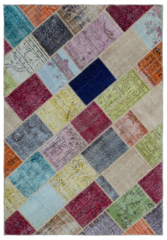 Iskece 21951 Beige Patchwork Wool Handmade Area Rug 5'3" x 7'7"