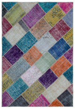 Iskece 21954 Beige Patchwork Wool Handmade Area Rug 5'3" x 7'7"