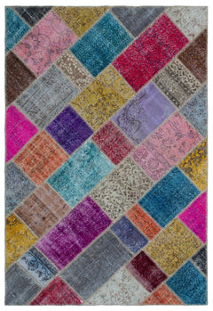 Iskece 21956 Beige Patchwork Wool Handmade Area Rug 5'3" x 7'7"