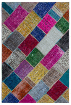 Iskece 21958 Beige Patchwork Wool Handmade Area Rug 5'3" x 7'7"