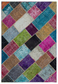 Iskece 21959 Beige Patchwork Wool Handmade Area Rug 5'3" x 7'7"