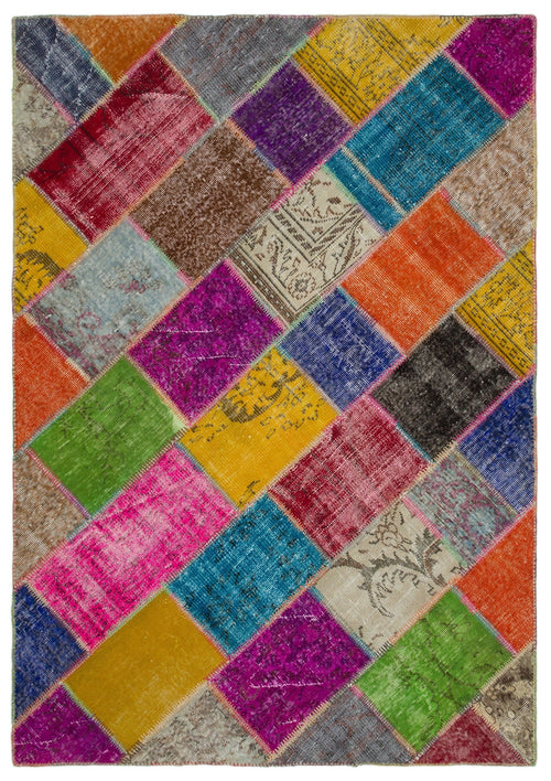 Iskece 21988 Beige Patchwork Wool Handmade Area Rug 5'3" x 7'7"