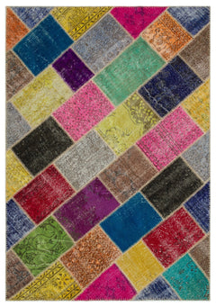 Iskece 21992 Beige Patchwork Wool Handmade Area Rug 5'3" x 7'7"