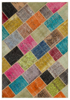 Iskece 21994 Beige Patchwork Wool Handmade Area Rug 5'3" x 7'7"