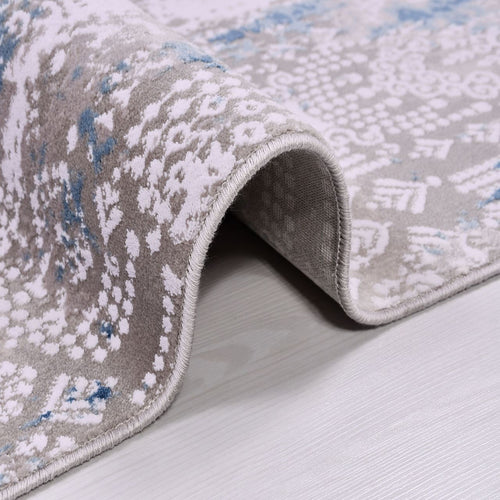 Modern Area Rug - Machine Made Rug With Grey Blue Acrylic Yarn & Overlocked Edge