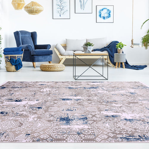 Modern Area Rug - Machine Made Rug With Grey Blue Acrylic Yarn & Overlocked Edge