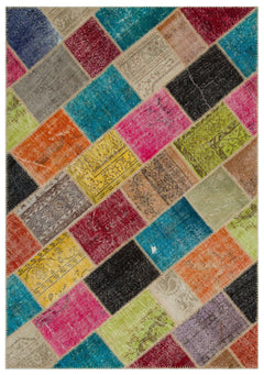Iskece 22020 Beige Patchwork Wool Handmade Area Rug 5'3" x 7'7"