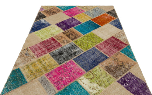 Iskece 22027 Beige Patchwork Wool Handmade Area Rug 5'3" x 7'7"