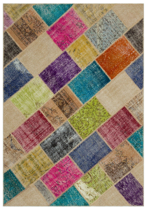 Iskece 22027 Beige Patchwork Wool Handmade Area Rug 5'3" x 7'7"