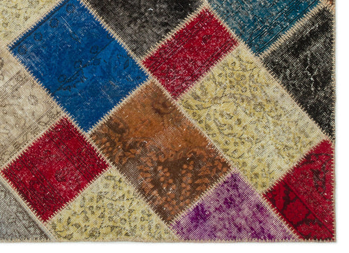 Iskece 22040 Beige Patchwork Wool Handmade Area Rug 5'3" x 7'7"