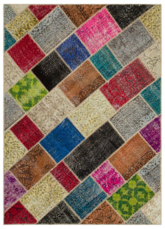 Iskece 22040 Beige Patchwork Wool Handmade Area Rug 5'3" x 7'7"