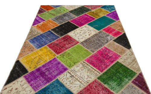 Iskece 22042 Beige Patchwork Wool Handmade Area Rug 5'3" x 7'7"