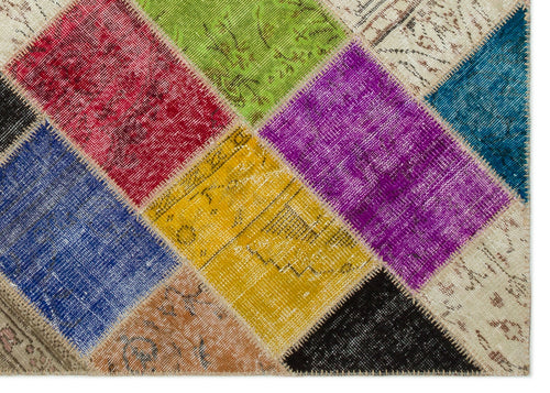 Iskece 22042 Beige Patchwork Wool Handmade Area Rug 5'3" x 7'7"