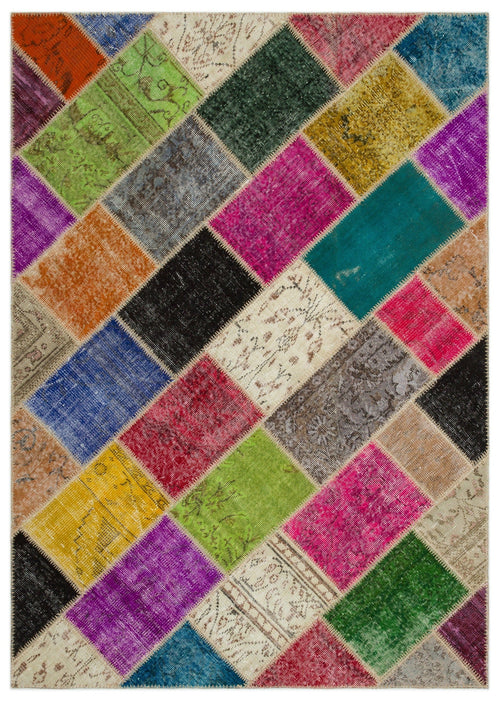 Iskece 22042 Beige Patchwork Wool Handmade Area Rug 5'3" x 7'7"