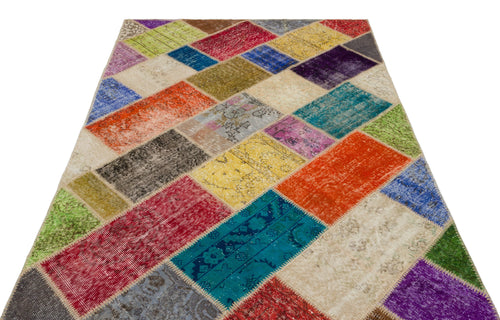 Iskece 22044 Beige Patchwork Wool Handmade Area Rug 5'3" x 7'7"