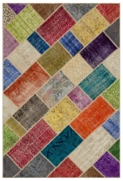 Iskece 22044 Beige Patchwork Wool Handmade Area Rug 5'3" x 7'7"