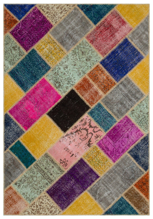 Iskece 22047 Beige Patchwork Wool Handmade Area Rug 5'3" x 7'7"