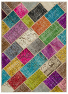 Iskece 22052 Beige Patchwork Wool Handmade Area Rug 5'3" x 7'7"