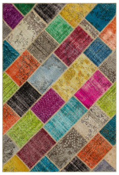 Iskece 22056 Beige Patchwork Wool Handmade Area Rug 5'3" x 7'7"