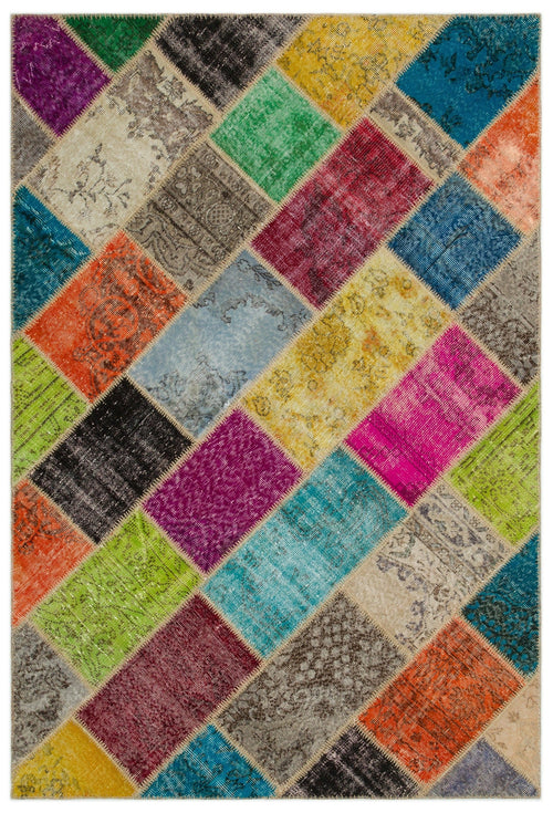 Iskece 22056 Beige Patchwork Wool Handmade Area Rug 5'3" x 7'7"
