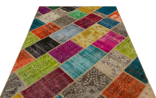Iskece 22056 Beige Patchwork Wool Handmade Area Rug 5'3" x 7'7"