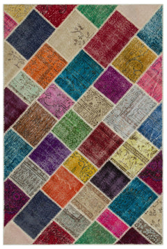 Iskece 22058 Beige Patchwork Wool Handmade Area Rug 5'3" x 7'7"