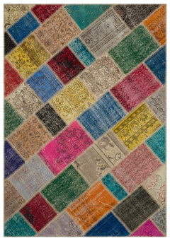 Iskece 22059 Beige Patchwork Wool Handmade Area Rug 5'3" x 7'7"