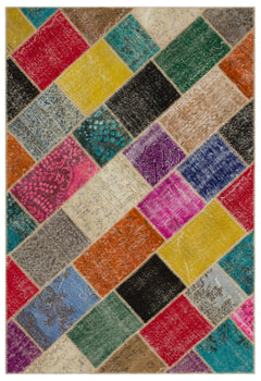 Iskece 22071 Beige Patchwork Wool Handmade Area Rug 5'3" x 7'7"