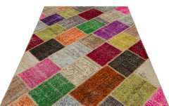 Iskece 22078 Beige Patchwork Wool Handmade Area Rug 5'3" x 7'7"