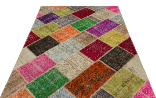 Iskece 22078 Beige Patchwork Wool Handmade Area Rug 5'3" x 7'7"