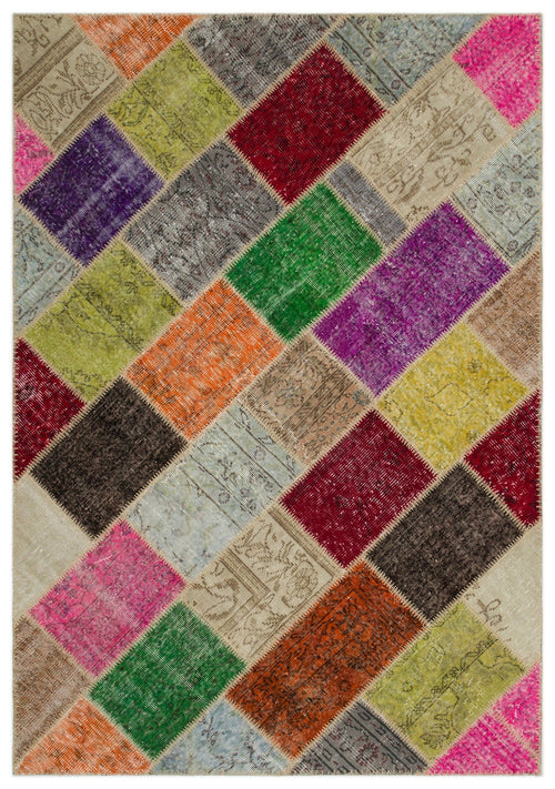 Iskece 22078 Beige Patchwork Wool Handmade Area Rug 5'3" x 7'7"
