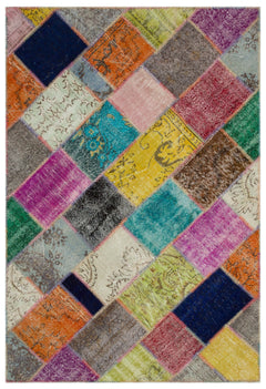 Iskece 22079 Beige Patchwork Wool Handmade Area Rug 5'3" x 7'7"
