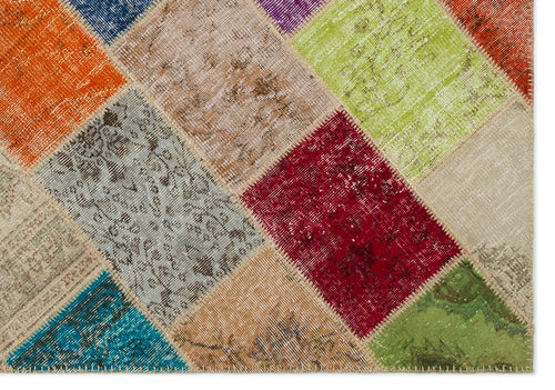 Iskece 22080 Beige Patchwork Wool Handmade Area Rug 5'3" x 7'7"