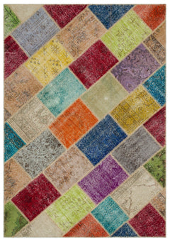 Iskece 22080 Beige Patchwork Wool Handmade Area Rug 5'3" x 7'7"
