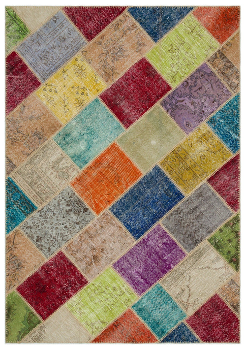 Iskece 22080 Beige Patchwork Wool Handmade Area Rug 5'3" x 7'7"
