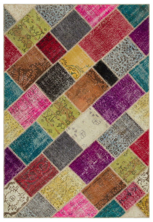 Iskece 22081 Beige Patchwork Wool Handmade Area Rug 5'3" x 7'7"