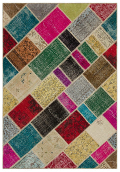 Iskece 22082 Beige Patchwork Wool Handmade Area Rug 5'3" x 7'7"