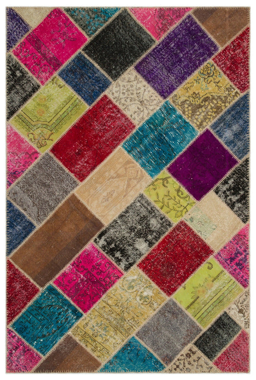 Iskece 22083 Beige Patchwork Wool Handmade Area Rug 5'3" x 7'7"