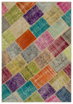 Iskece 22084 Beige Patchwork Wool Handmade Area Rug 5'3" x 7'7"