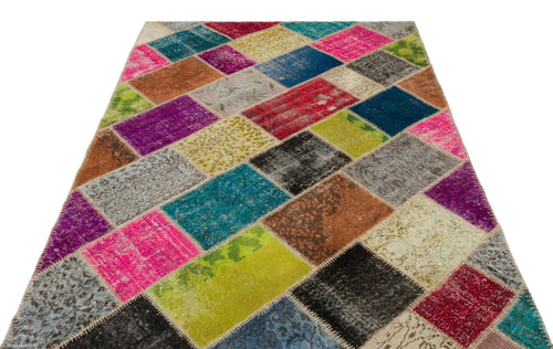 Iskece 22085 Beige Patchwork Wool Handmade Area Rug 5'3" x 7'7"