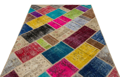 Iskece 22088 Beige Patchwork Wool Handmade Area Rug 5'3" x 7'7"