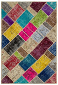 Iskece 22088 Beige Patchwork Wool Handmade Area Rug 5'3" x 7'7"