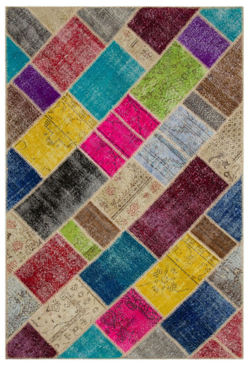 Iskece 22088 Beige Patchwork Wool Handmade Area Rug 5'3" x 7'7"