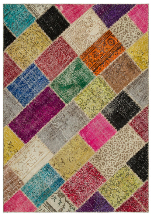 Iskece 22089 Beige Patchwork Wool Handmade Area Rug 5'3" x 7'7"