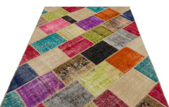 Iskece 22093 Beige Patchwork Wool Handmade Area Rug 5'3" x 7'7"