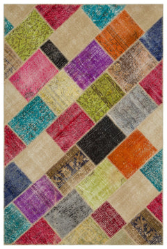 Iskece 22093 Beige Patchwork Wool Handmade Area Rug 5'3" x 7'7"