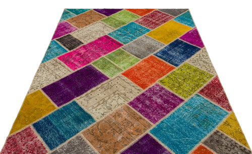Iskece 22094 Beige Patchwork Wool Handmade Area Rug 5'3" x 7'7"