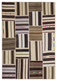 Teselya 2209 Beige Striped Wool Handmade Area Rug 5'3" x 7'7"