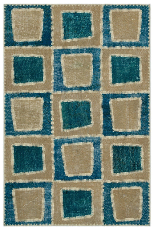 Iskece 22135 Turquoise Patchwork Wool Handmade Area Rug 3'11" x 5'11"